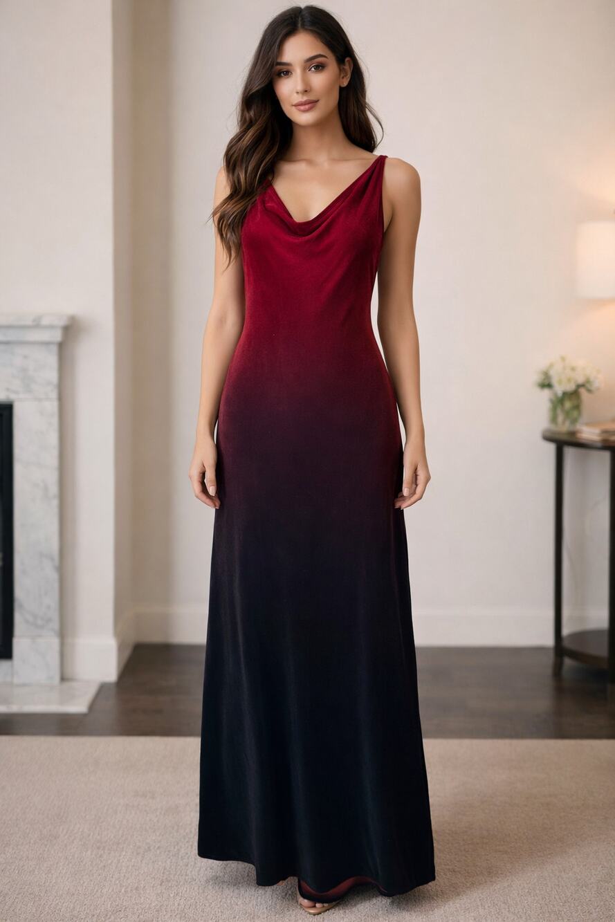 Jeffrey & Dara | Vintage 90s Velvet Ombre Cowl Neck Maxi Dress Dark Femme Size 6
